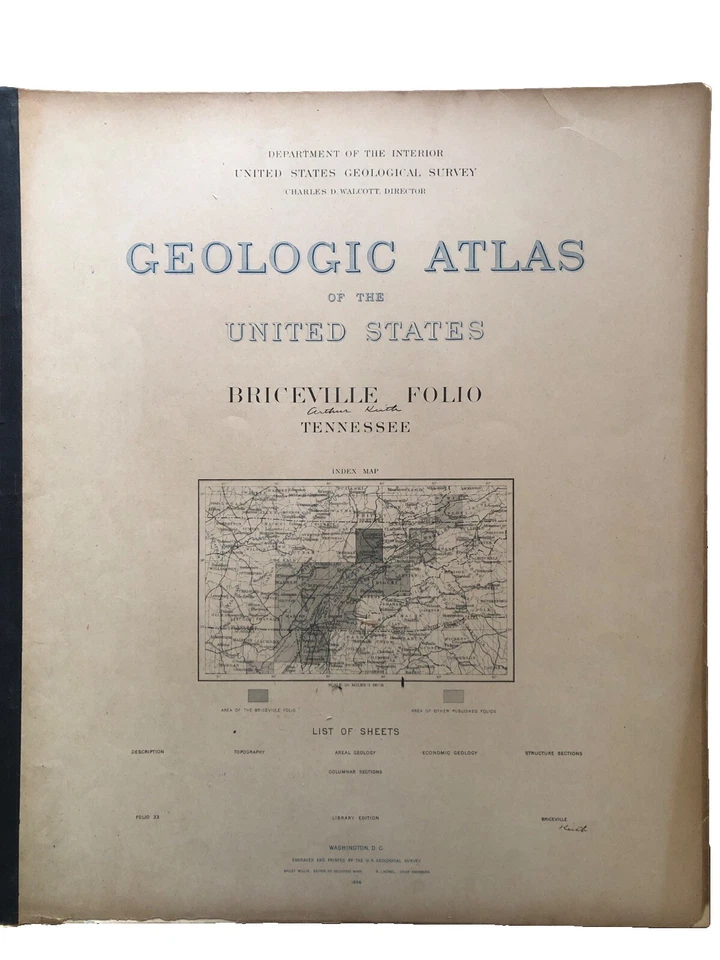 Mapas folio antiguos de Briceville Tennessee del Atlas Geológico de Estados Unidos de 1896 Foto 1 de 4