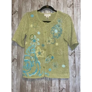 Vintage Women's Susan Bristol Green Floral Button Cardigan Knit Sweater Small - Picture 1 of 8
