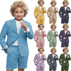Boy Linen Suit Set 2 Pieces Blazer Short Pants Summer Outfit Wedding Ring Bearer - Picture 1 of 40