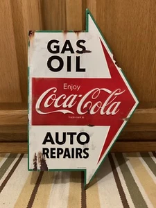 Coca Cola Gas Oil Auto Repairs Metal Sign Arrow Coke Vintage Style Button Garage - Picture 1 of 6