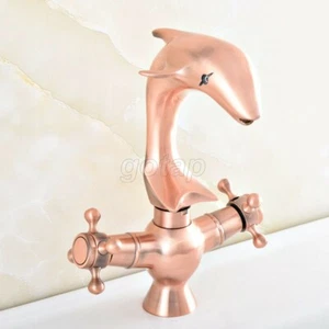 Dolphin Red Copper Dual Cross Handle Bathroom Faucet Basin Vessel Sink Mixer Tap - Picture 1 of 8