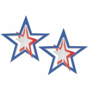 Red White Blue 3-D Foil Hanging Stars 12" 2 Pack Patriotic Supplies Decorations - Picture 1 of 1