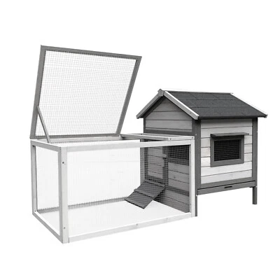 Hasenstall 146x75x83cm hellgrau Hasenkäfig Holz Auslauf Freilaufgehege Stall