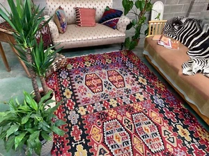 Vintage Turkish Kilim 340x174 cm Wool Kelim Rug Large Red, Black, Gold, Colorful - Picture 1 of 11