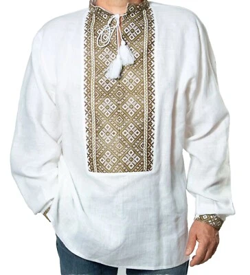 Vyshyvanka for Men Ukrainian bride groom hand Embroidery white LINEN shirt - Image 1 of 4