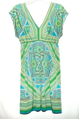 Vestido elástico London Times verde turquesa a rayas y cachemira cuello en V talla 6 Foto 1 de 4