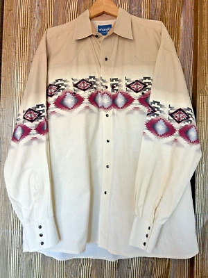 Винтажная западная рубашка Wrangler с жемчужной застежкой на пуговицах 90-х ковбойский ацтекский принт цвета слоновой кости размер 2XL - Изображение 1 из 4