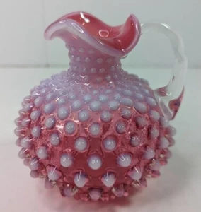 Vtg Fenton Rose Rim Cranberry Opalescent Hobnail 5" Ruffled Pitcher Cruet - Picture 1 of 9