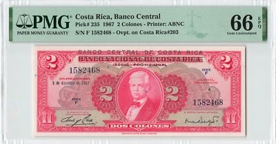 COSTA RICA 2 Colones 1967, P-235, PMG 66 EPQ Gem UNC, Banco Central Overprint - Image 1 of 2