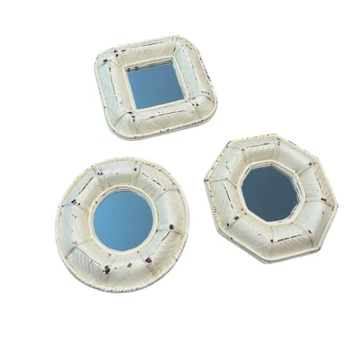 Set of 3 Rattan Mirrors Cream Hand Painted Rustic Distressed Boho Eclectic Wall - Image 1 of 4