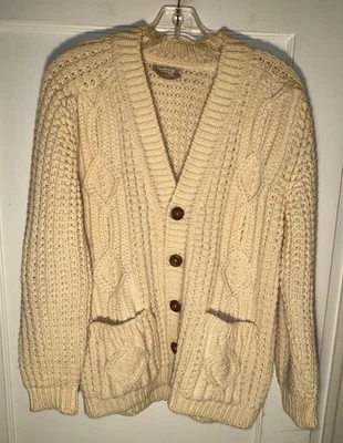 Cárdigan Suéter Gaeltarra Pescador Lana Irlandesa Tejido con Cable Cuello en V Marfil Talla 40 M Foto 1 de 4
