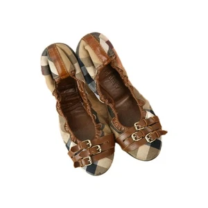 Burberry Ballerina Flats Women’s Size 41-42 Check Canvas Leather Shoes - Picture 1 of 15