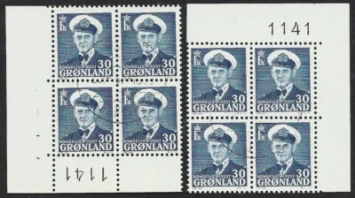 Greenland 1950-60 Frederik IX 30o Blue #33 VF Used BLOCKS w/IMPRINT #1141 Scarce - Изображение 1 из 2
