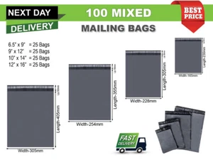 100 Mixed Mailing Plastic Bags Poly Postage Parcel Bag Grey Strong in 4 Sizes - Picture 1 of 3