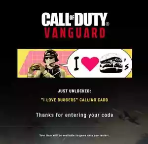 Call of Duty Vanguard Warzone Item Code I LOVE BURGERS Calling Card ๐๐ - Picture 1 of 2