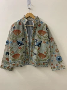 Indian Velvet Suzani Hand Embroidered Jacket |Grey Collar Velvet Tailored Jacket - Picture 1 of 7