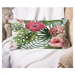 Watercolor Tropical Floral Pillow Cover Hawaii Palm Tree Hibiscus Square Cott... - Picture 1 of 6