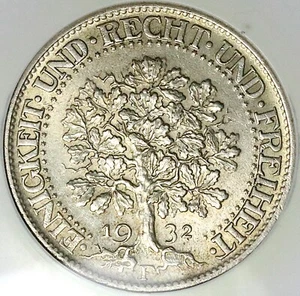1932-F NGC MS 62 Germany 5 Mark Oak Tree Stuttgart Mint Silver Coin (25050503C) - Picture 1 of 6