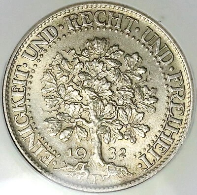 1932-F NGC MS 62 Germany 5 Mark Oak Tree Stuttgart Mint Silver Coin (25050503C) - Image 1 of 4