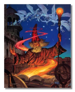 Zauberer bei Nacht mit Pegasus Feuerstab Fantasy Wandbild 8x10 Kunstdruck - Bild 1 von 1