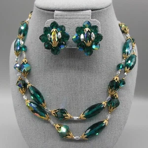 Vintage Vendome Necklace Earrings Green AB Rhinestones Iridescent 17 inches - Picture 1 of 17