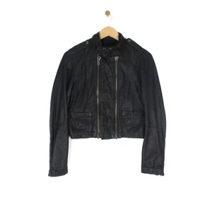 Topshop Biker Jacket Black Double Zip Up Collar Leather Motorcycle Women Size 10 - Picture 1 of 7