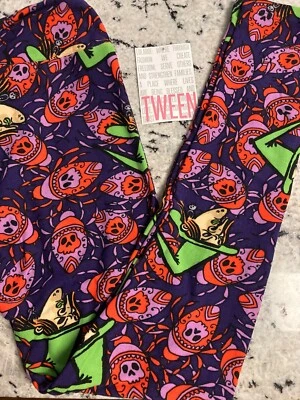 LuLaRoe NUEVO CON ETIQUETAS HALLOWEEN Leggings Preadolescentes Sombrero Verde Brujas y Caras Calavera en Púrpura Foto 1 de 4