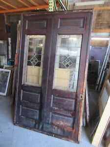 ~ ANTIQUE OAK POCKET DOOR STAINED BEVELED GLASS ~ 54 X 90.25 ~ SALVAGE