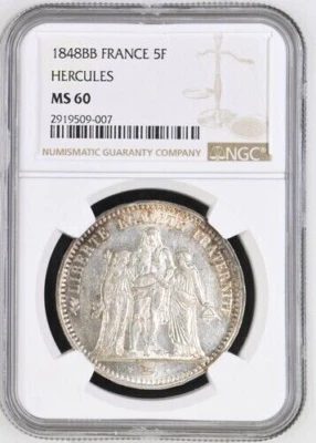 1848 BB França 5 francos, Hércules, NGC MS 60 - Imagem 1 de 2