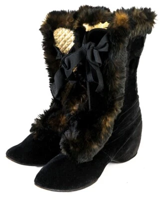 Vintage 1920s Black Velvet Carriage Boots By Lord & Taylor Fur Trimmed Pristine! - Image 1 of 3