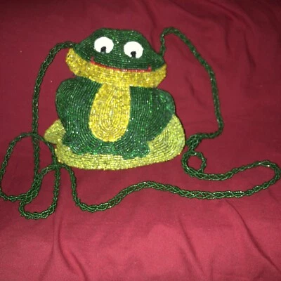 Vintage Beaded FROG Lined Zip Cross Body Change Purse Evening Bag App 5 1/2” - Imagem 1 de 4