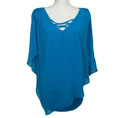 Blusa pulôver feminina ALYX tamanho 3X azul sem mangas com sobreposição de poncho nova com etiquetas - Imagem 1 de 4