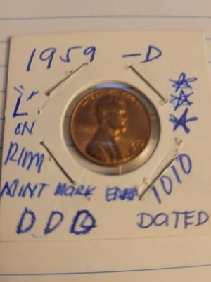 1959-D Lincoln Memorial Penny 1 Cent circulated error L on the rim - Image 1 of 3