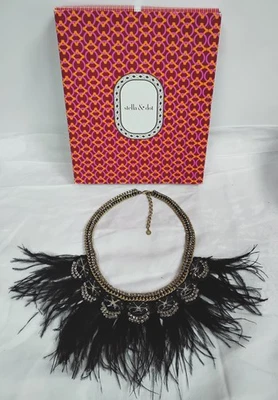 Stella & Dot Black Harper Feather Statement Necklace Black Gold - X07 - Image 1 of 4