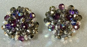 Vintage Hobe Signed Earrings Aurora Borealis Beaded Purple Clip-Ons CJ-M-1-1 - Picture 1 of 4