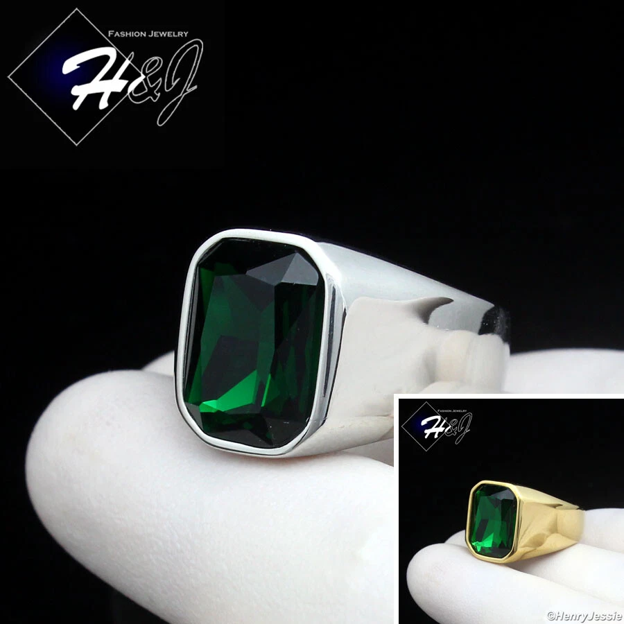 MEN's Stainless Steel 3D Green Rectangle Rhinestone Silver/Gold Plated Ring*R151 - Image 1 of 1