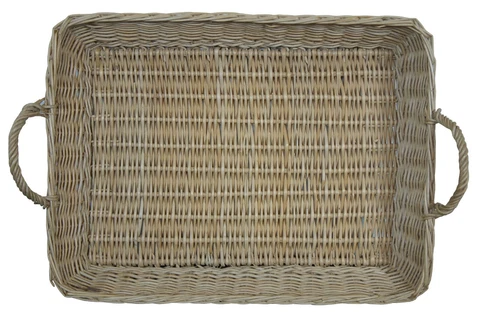 Vintage Wicker Basket Serving Tray Rectangular with Handles Picnic Cover