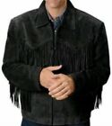 Veste western ouest noire homme amérindien en cuir de cow-boy frange daim avec fermeture éclair