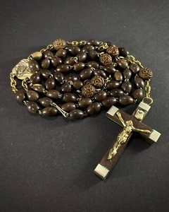 French Vintage Rosary Wooden Brown Rare Cross Hildegard Lourdes Church - Picture 1 of 10