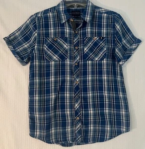 Lucky Brand Button Down Shirt Boys size Large Blue Plaid Cotton Short Sleeve - Picture 1 of 4