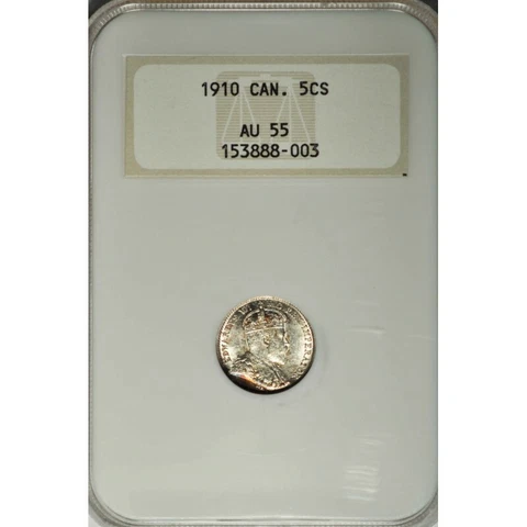 1910 CANADA SILVER 5 CENTS ROUND LEAVES/BOW TIE -NGC AU 55 SCARCE! -d184dutsc2 Cover