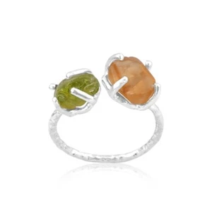 Double Raw Stone Peridot and Citrine Rough 925 Sterling Silver Ring For Wedding - Picture 1 of 10