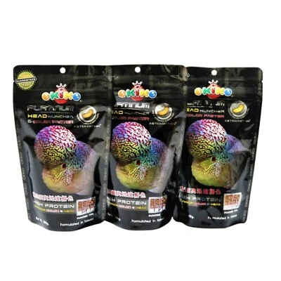 3 x 100g Okiko Platinum Flowerhorn Fish Food Head Huncher Speedy head growth - Image 1 of 4