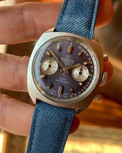 Vintage Rodania purple dial steel chronograph mens watch swiss Lan.248 35mm - Picture 1 of 12
