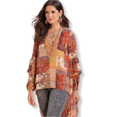 Cato 女式拼布波西米亚 Hi Lo 束腰上衣衬衫 3X Cottagecore Prairie Country  — 第 1/4 张图片