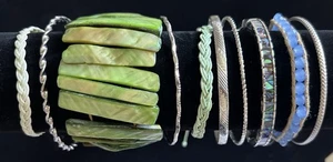 Lot Of 10 Piece Lot Silver Tone & Blue Green Bangle Bracelet Jewelry Shell E4 - Picture 1 of 7