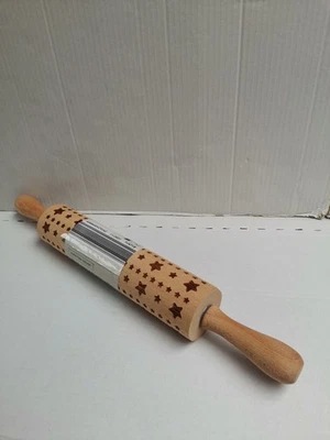 Embossed Rolling Pin Stars Beech Wood Icing Pastry Cookie Dough 17" Christmas - Image 1 of 4