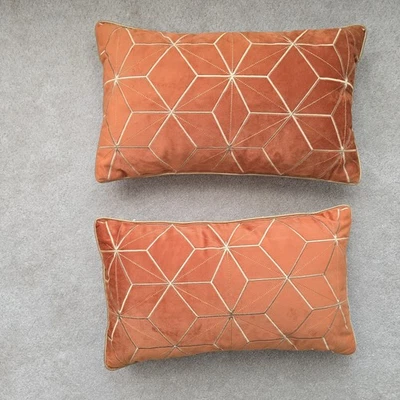 Aeckself 12 x 20 Inch Orange Gold Embroidery Velvet Cushion Case Decorative Thro - Image 1 of 4