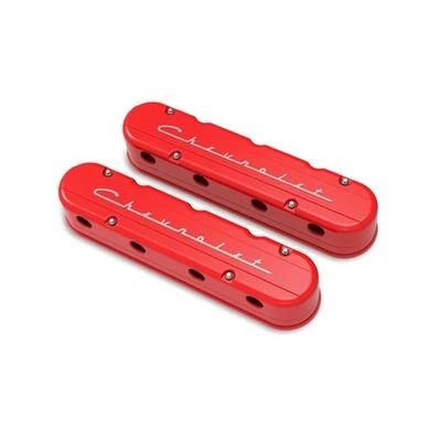 Holley 241-179 2-Pc LS Chevrolet Script Valve Covers - Gloss Red Machined Finish - Image 1 of 4