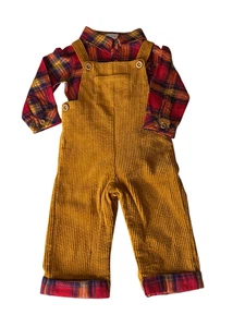 Tahari Boy's Brown Red Plaid Corduroy Overalls Set With Flannel Shirt 6-9 Months - Picture 1 of 4
